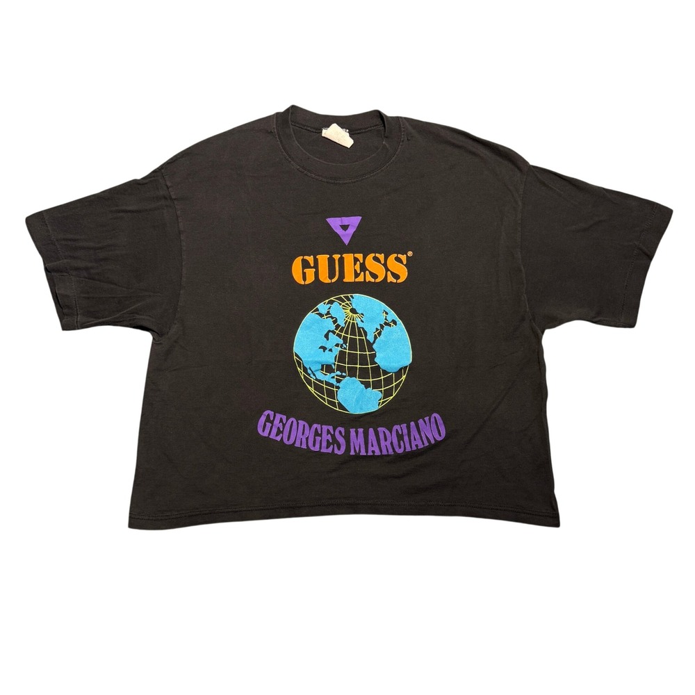 Vintage Guess Georges Marciano Globe T-Shirt Black Boxy Cropped 90s USA OSFA